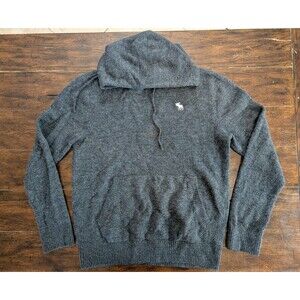 Abercrombie & Fitch Men's Knit Hoodie Sweater Medium Gray Moose Logo Soft Luxury
